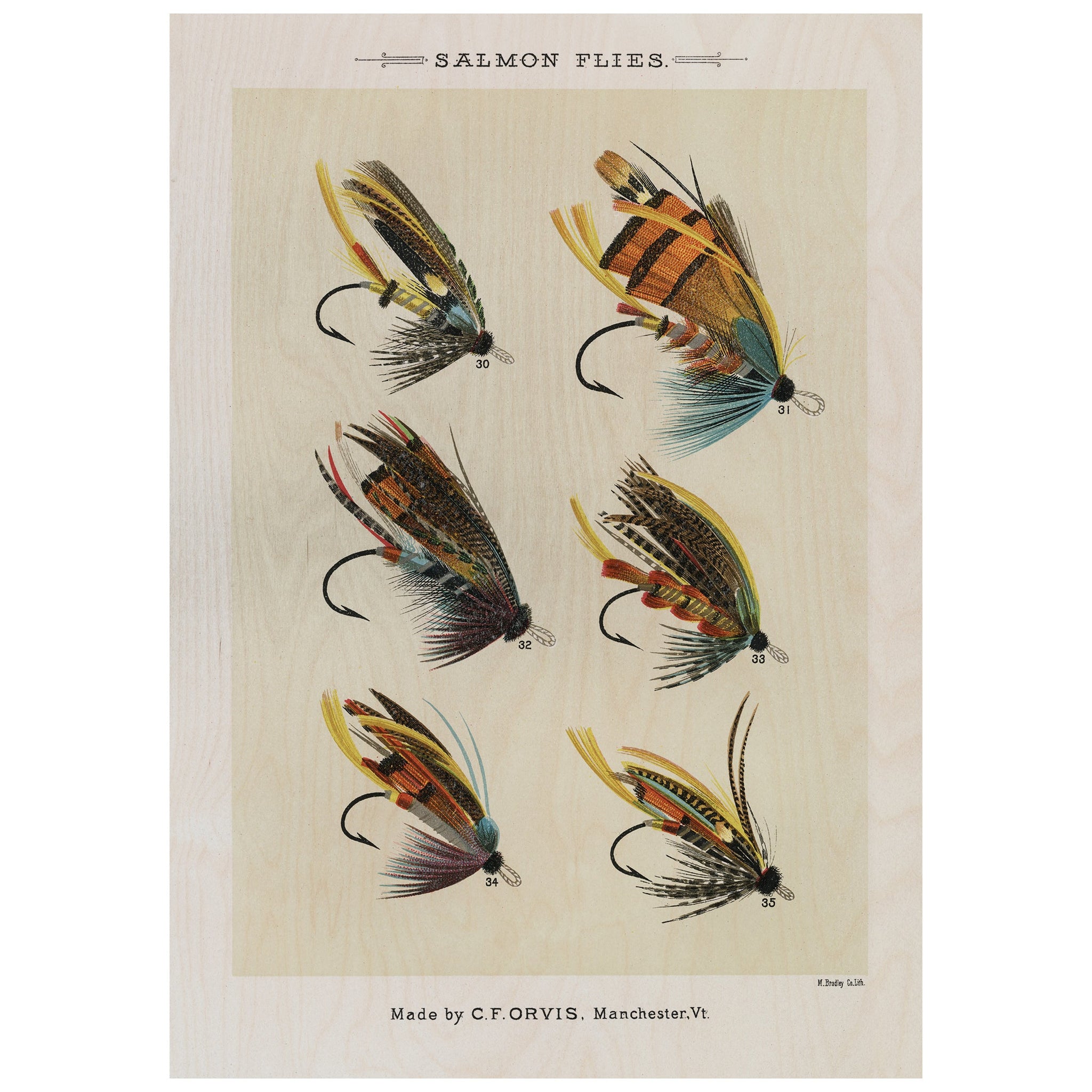 Vintage Salmon Fishing Flies Wooden Poster Print