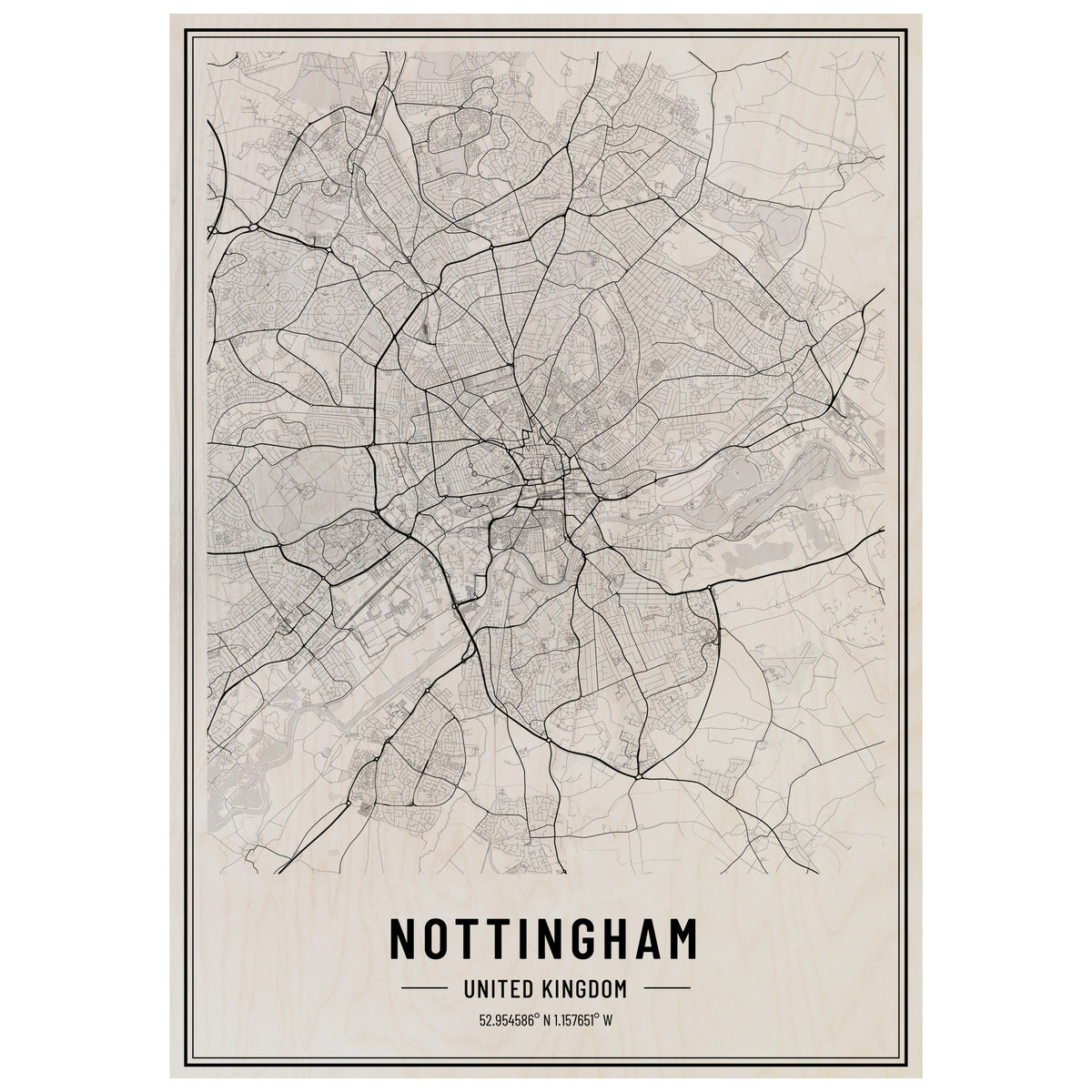 Nottingham City Map Wooden Poster Print | Poster Forest